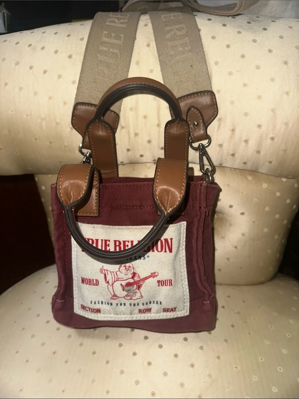True Religion unisex Burgundy Canvas Messenger Bag with Beige Strap